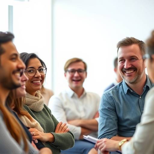 Un grupo de personas participando en un taller de oratoria, riendo y aprendiendo juntas.